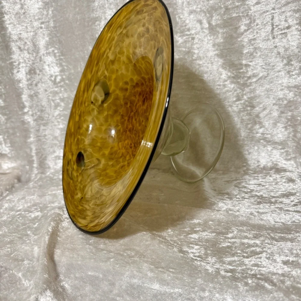Amber Swirl Bowl Cleat Pedestal Dark Rim Glass Decorative Trinket Dish 6